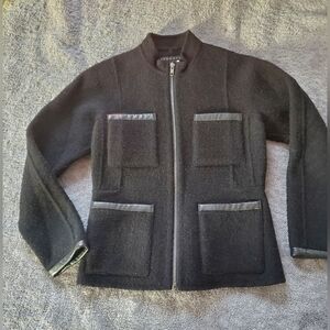 Theory Black Wool Blend Tweed /Leather trim Full Zip Jacket Size 0